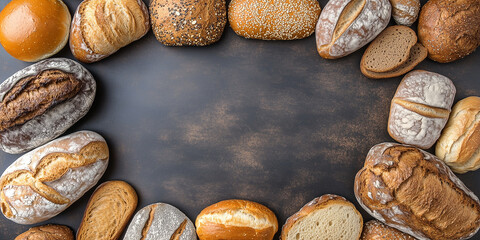 Obraz premium Draufsicht auf einen Rahmen mit Brot und mit Platz für Text in der Mitte - Werbeschild Flyer