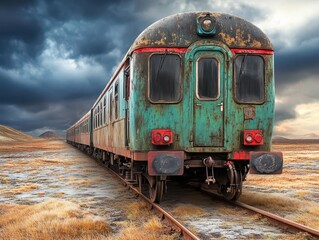 Obraz premium A haunted train traveling through a desolate landscape