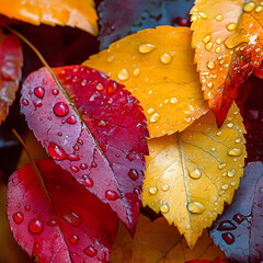 Autumn Leaves, Vibrant Colors and Water Drops