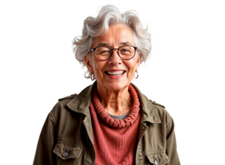 A joyful elderly woman smiling warmly on a transparent PNG background