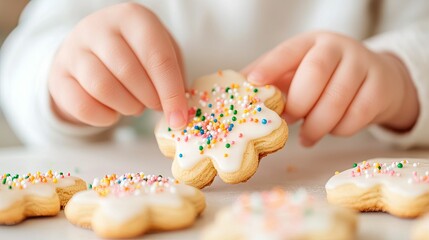 A child decorates flower-shaped cookies with colorful sprinkles, showcasing a playful and creative baking activity.
