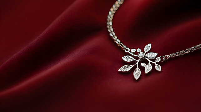 Elegant Diamond Necklace Adorned with Leaf Design on Red Satin Fabric