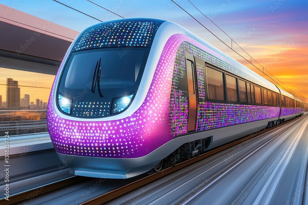 Poster A highspeed train adorned with sparkling digital patterns dashes along the tracks at sunrise, showcasing the fusion of technology and modern transportation in a serene setting