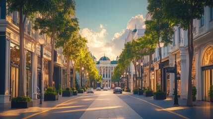 Urban landscape view of a European-style boulevard with classic architecture