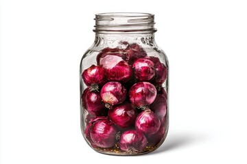 Red onions preserved in a glass jar on a white background with a bright vintage studio lighting showcasing freshness