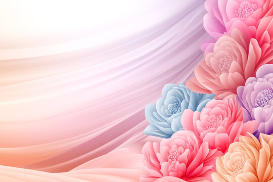 A colorful bouquet of flowers is displayed on a white background. The flowers are arranged in a way that creates a sense of movement and flow, with the stems extending outwards in various directions