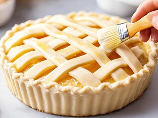 A delicious, freshly made pie is being brushed with an egg wash, showcasing a beautifully woven crust and a golden filling.