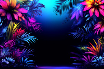 Colorful background with a large green leaf and a pink flower. The background is blue and purple