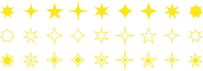 Futuristic sparkle icons collection. Set of star shapes. Abstract cool shine effect sign vector
