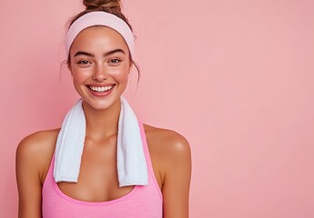 a happy woman in a pink fitness outfit with a white towel around her neck, isolated on a solid pastel light background