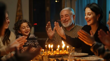 Hanukkah celebration with a menorah and joyful family gathering