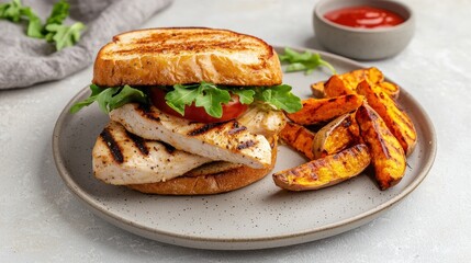 Grilled chicken sandwich with arugula tomato and roasted sweet potato wedges on gray plate gourmet