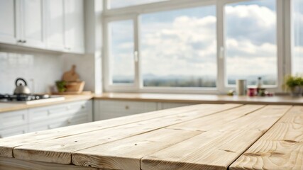 Bleached wooden table top on blurred kitchen summer window background