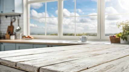 Bleached wooden table top on blurred kitchen summer window background