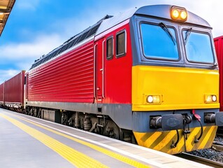 Fototapeta premium A Large And Powerful Freight Train Passing By A Station Platform Pulling Its Carriages