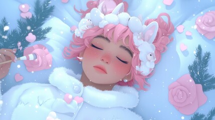 Peaceful Girl Sleeping  Dreamy Illustration  Soft Pastel Colors  Winter Wonderland  Artist