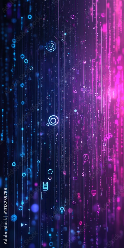 Sticker abstract digital background featuring luminous symbols and data flow in vibrant neon colors. ideal f