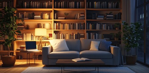 a modern living room with comfortable furniture, stylish lamps, and bookshelves