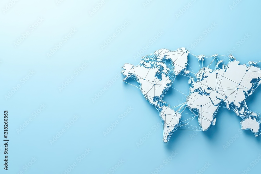 Poster A light blue background with a digital world map and global network connections, representing the concept of international business or connectivity Generative AI