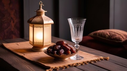 Fototapeta premium Ramadan Iftar with Dates, Water, and a Glowing Lantern on a Wooden Table 