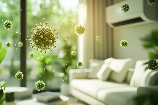 Green viruses float in a sunlit living room with white couch and large window