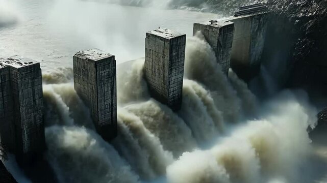 Powerful water flows from a broken dam creating a stunning waterfall effect in slow motion, broken dam, water waterfall, slow motion