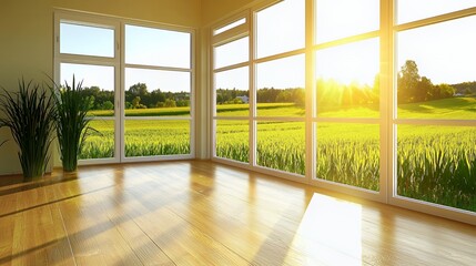 Fototapeta premium Bright Sunlight Streaming Through Large Windows in a Modern Room with a Panoramic View of a Yellow Field