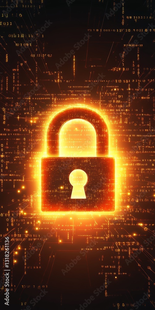 Poster a glowing digital padlock icon surrounded by binary code symbolizes security in the online environme