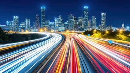 Fototapeta premium A longexposure photograph of city lights and cars on the highway at night, with skyscrapers in the background