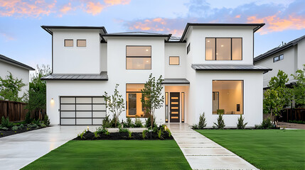 Modern White Two Story House Exterior With Landscaped Yard At Dusk