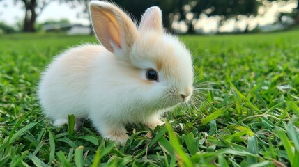 Fototapeta premium A baby rabbit nibbling on fresh grass in a green field