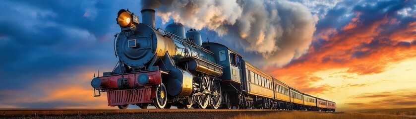 Fototapeta premium A majestic vintage steam train chugging through dramatic skies, evoking nostalgia and adventure in a timeless landscape