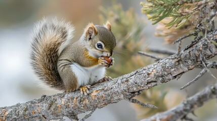 Obraz premium A baby squirrel perched on a tree branch nibbling on an acorn
