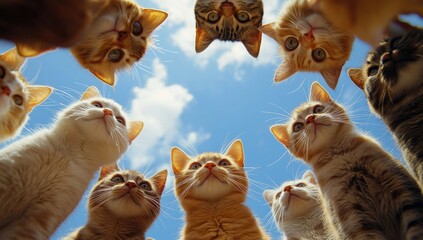 This image features a playful group of curious cats in various colors, including yellow and orange, gathered under a bright blue sky, capturing their joyful expressions