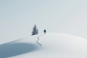A solitary figure walks across a serene snowy landscape, leaving gentle tracks behind. A lone evergreen tree stands tall on the hill, enhancing the peaceful atmosphere.