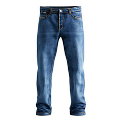 Classic blue denim jeans showing the front waist and leg structure isolated against a transparent background for apparel marketing.