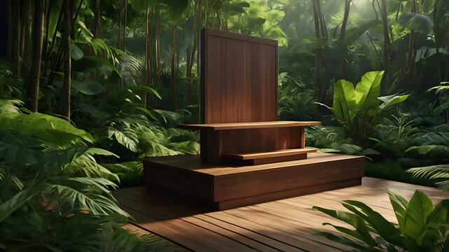 Wooden Podium in Lush Tropical Forest &ndash; Ideal for Product Presentation Backgrounds