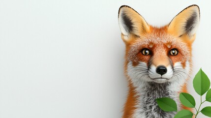 Fox Portrait, White Background, Green Leaves