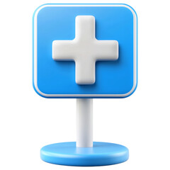 Obraz premium blue hospital sign with white cross on stand, symbolizing healthcare