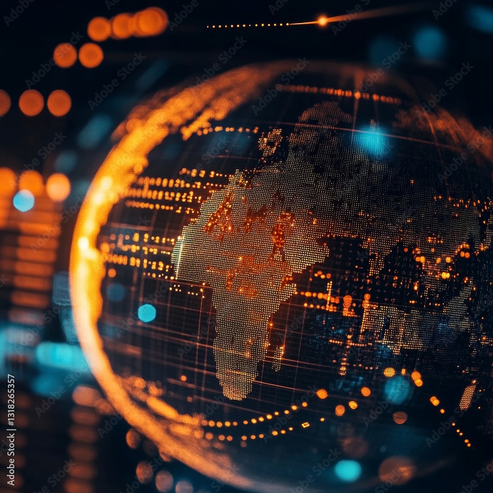Poster abstract digital globe visualization with network connections and glowing data points