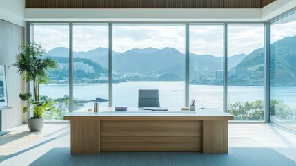 Naklejka premium A bright office with a minimalist design and a stunning ocean view