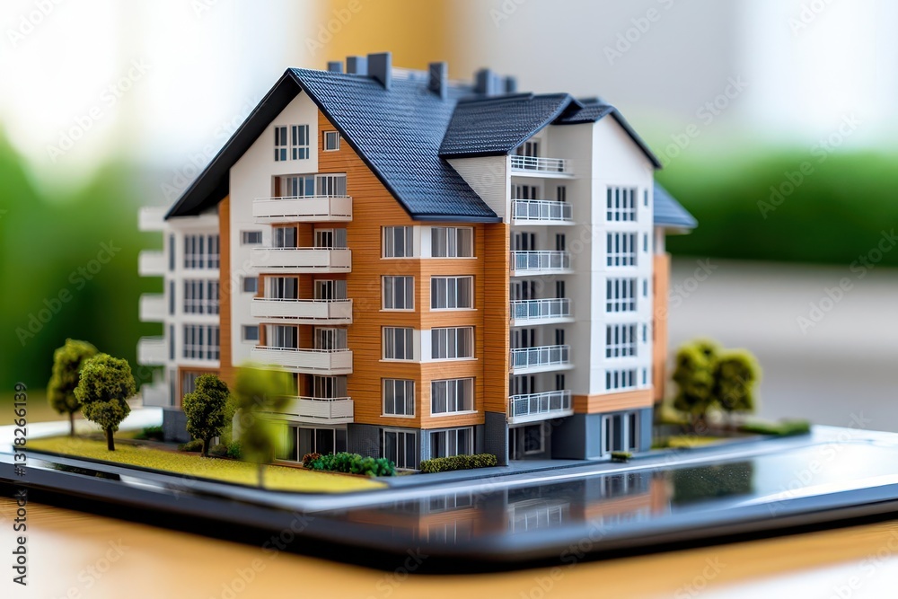Poster a model of an apartment building on a tablet