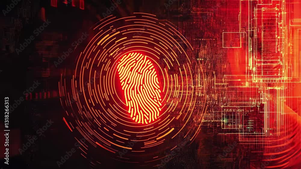 Poster biometric fingerprint overlay on digital data processing background showcasing innovation in securit