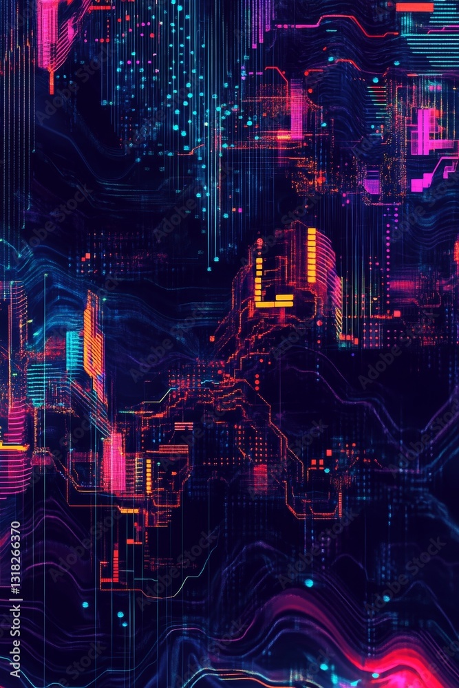 Sticker colorful digital abstract background with neon patterns and flowing light effects