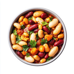 bowl of spicy chili with beans, rich and comforting, garnished with fresh herbs. Perfect for hearty meal or gathering