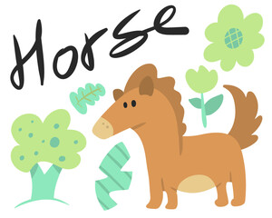 Horse vector illustration cover design for children with farm and nature elements