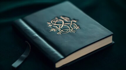Intricate Leather Journal  Mystic Symbols  Closed Book  Dark Background  Premium Texture