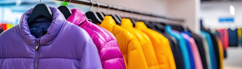 A modern clothing store with neon lighting and racks of jackets