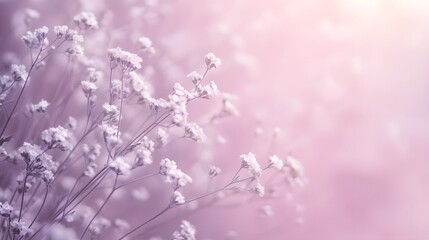 Delicate tiny white flowers blossom in a soft pink light