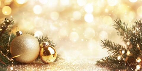 Golden Christmas Ornament: Christmas ornaments gleam amidst a twinkling display of holiday lights and seasonal decorations, creating a warm, inviting atmosphere that evokes joy and anticipation.